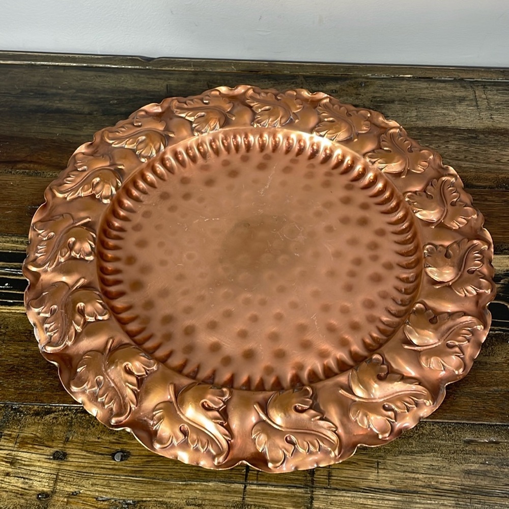 Vintage Gregorian Copper Decorative Plate with hook to hang some patina leaves